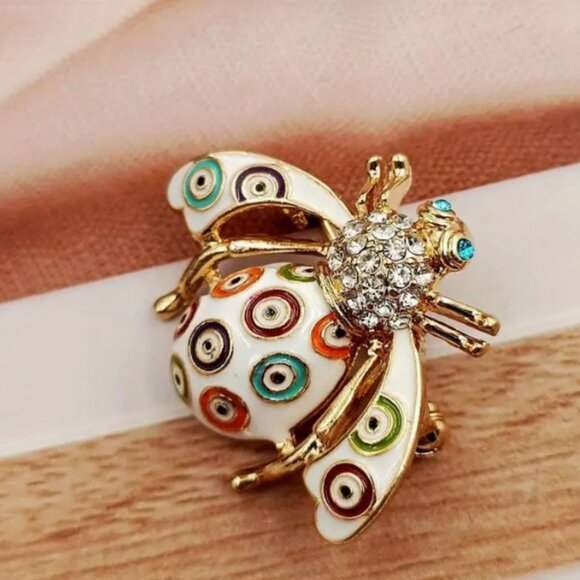 Colorful Sparkly Insect Bee Bug Design Charm Crystal Goldtoned Brooch Pin - Picture 3 of 5